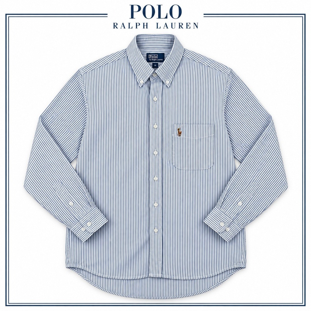 Vintage Polo Ralph Lauren Oxford Shirt Mens M Blue White Pinstripe Vintage 90s